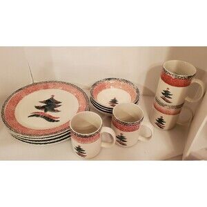 Gibson Christmas Star Dinnerware Set New 12pc Tree Spongeware Bowl Plate Mug Y2K